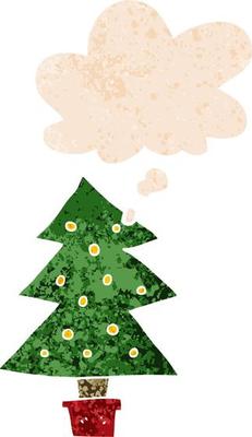 cartoon christmas tree and thought bubble in retro textured style