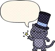 cartoon cat wearing top hat and speech bubble in comic book style vector