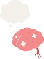 cartoon injured brain and thought bubble in retro style vector