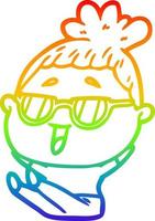 dibujo de la línea de gradiente del arco iris mujer feliz de dibujos animados con gafas vector