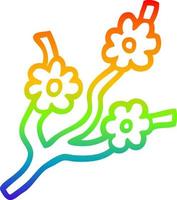 línea de gradiente de arco iris dibujando ramas de dibujos animados con flores vector