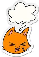 spitting cartoon cat face and thought bubble as a printed sticker vector