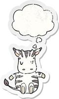 cartoon zebra and thought bubble as a distressed worn sticker vector