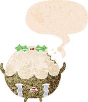 cartoon chrstmas pudding and speech bubble in retro textured style vector