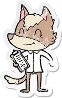 distressed sticker of a friendly cartoon wolf boss vector