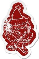 pretty cartoon distressed sticker of a elf girl wearing santa hat vector