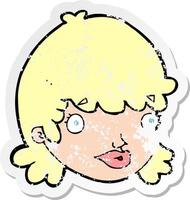 retro distressed sticker of a cartoon female face with surprised expression vector