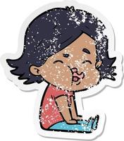 distressed sticker of a cartoon girl pulling face vector