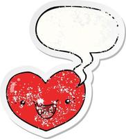 cartoon love heart character and speech bubble distressed sticker vector