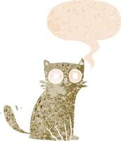 cartoon cat and speech bubble in retro textured style vector