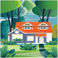 Outdoor scene with a house and flower field vector