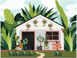 Outdoor scene with a house and flower field vector