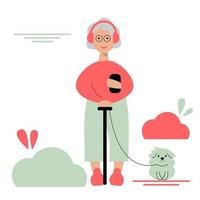 abuela en un paseo escuchando música en sus auriculares. caminando con el perro en el parque. Ilustración de vector de concepto, diseño plano.