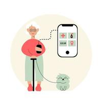 A cartoon elderly woman uses a cell phone app to visit a veterinary clinic. The concept of a veterinary clinic. Vector illustration.