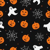 Halloween seamless pattern with cute cartoon pumpkins,   ghosts and cobweb on black background. Vector template for greeting card, banner, poster, party invitation, fabric, textile, wrapping paper