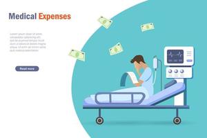 Medical expenses and health insurance concept. Patient in hospital holding medical bills feeling worry about surgery cost, hospital expenses. vector