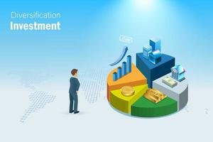 empresario reequilibrando la inversión de diversificación en un gráfico circular 3d. estrategia de inversión de asignación financiera y gestión de riesgos en la cartera. vector