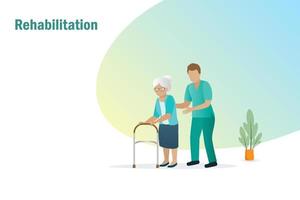 terapia de rehabilitación para personas mayores. fisioterapeuta, médico de rehabilitación ayuda a una anciana a caminar con un andador. rehabilitación, fisioterapia y atención médica, recuperación de traumatismos o lesiones.