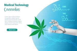 Robot hand hold cannabis leaf with THC CBD molecular structure. Medical robotics, artificial intelligence in laboratory research, innovation technology for patient therapy and health care. vector