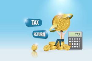 Tax return and tax refund concept. Businessman hold money return from tax filing calculation. vector