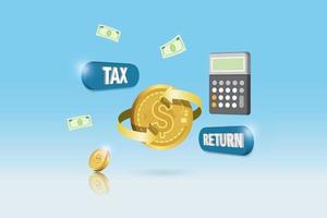 Tax filing and tax return concept. Gold coin tax payment with money return arrow from submitted tax. vector