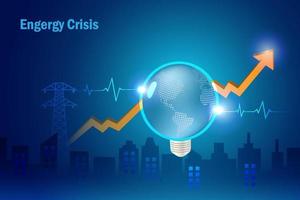 Energy crisis, increasing demand of electricity and energy shortage. Globe light bulb with ECG EKG medical health and high critical graph on energy. vector