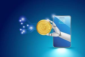 mano robótica que sostiene el token no fungible nft en el teléfono inteligente. moneda digital nft para tecnología de arte digital coleccionable en un fondo futurista. vector