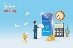 Online tax filing, calculate tax payment and tax return concept. Businessman online submit tax on smart phone with printed document receipt. vector