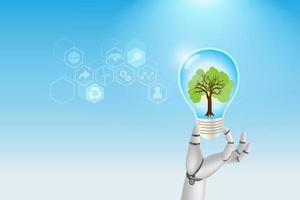 Robot hand hold lightbulb with green tree growing. Artificial intelligence innovation technology develop solution for sustainable environment and nature protection. vector