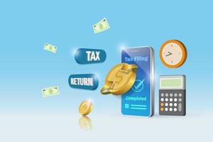 Online tax filing and tax return concept. Tax payment on smartphone with money return from submitted. vector