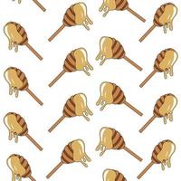 Honey spoon with dripping drops of honey in cartoon style. Seamless pattern. Vector illustration isolated on white background.