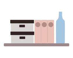 Bookshelf with folders, boxes and bottle isolated on white background. Simple flat style. vector