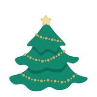 Green christmas tree with garland and star, flat vector, isolate on white, single element vector