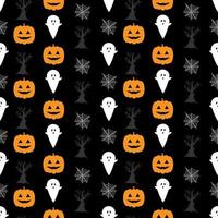 Seamless pattern with pumpkins, spiderweb, ghost. Halloween background. Vector illustration.