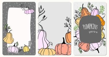 Thanksgiving and Harvest Festival Seasonal Vector Autumn Frames Set with Pumpkins, Plants, and Leaves. Trendy autumn design in doodle style.