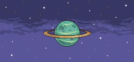 Pixel art background of planet with rings in space. Vector scene for 8bit game