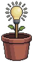 Pixel art vase with light bulb plant, concept of creativity and idea vector icon for 8bit game on white background