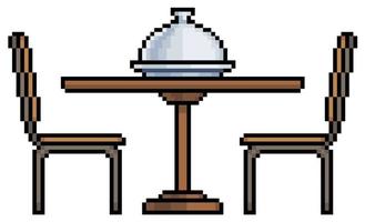 Pixel art wooden table with chairs and food tray vector icon for 8bit game on white background