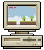 Pixel art old computer with retro 8 bit platform game vector icon for 8bit game on white background