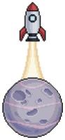 Pixel art rocket taking off from planet vector icon for 8bit game on white background