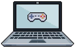 Pixel art laptop with video game joystick icon on screen vector icon for 8bit game on white background