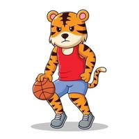 tigre enojado jugando dibujos animados de baloncesto. concepto de icono de animal. estilo de dibujos animados plana. adecuado para página de inicio web, pancarta, volante, pegatina, tarjeta vector