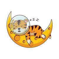 lindo tigre astronauta durmiendo en la caricatura de la luna. concepto de icono de animal. estilo de dibujos animados plana. adecuado para página de inicio web, pancarta, volante, pegatina, tarjeta vector