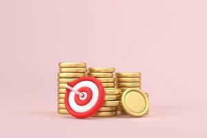 Red target and arrows with stacks coins on pink background. Business finance target investment goals, Marketing time and Targeting the business. 3d rendering photo