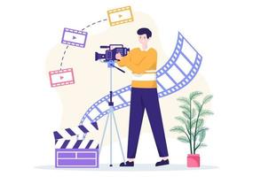 plantilla de servicios de videógrafo ilustración plana de dibujos animados dibujados a mano con producción de video récord, películas, equipos y diseño de la industria del cine vector