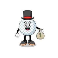 ilustración de mascota de pelota de golf hombre rico sosteniendo un saco de dinero vector