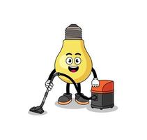 Character mascot of light bulb holding vacuum cleaner vector