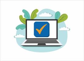 online approve confirmed or check mark on laptop computer screen, flat design vector illustration