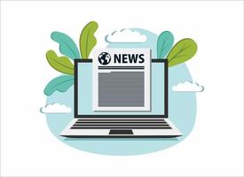 news on screen of laptop. Rolled daily newspaper in internet. Online news journal roll. Pages with various headlines vector