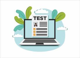 Test Online exam, laptop with checklist, taking test, choosing answer, questionnaire form, education concept. Flat cartoon design, vector illustration on background